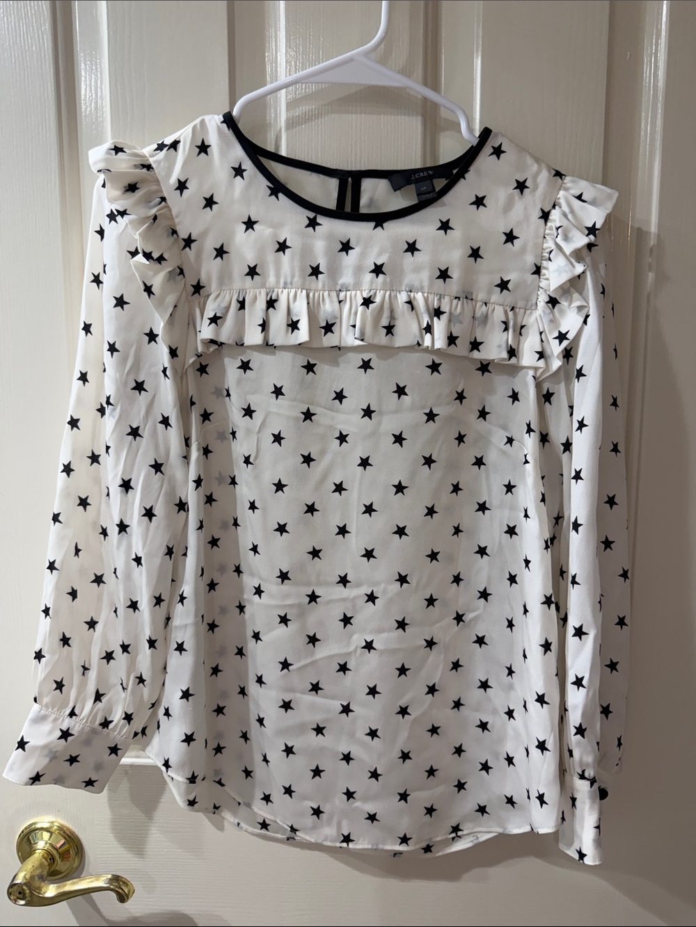 Like New 0P J. Crew White Ruffle Star Print Blouse